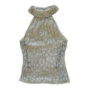 Lace blouse, size xs, full pearl collar, beige color.